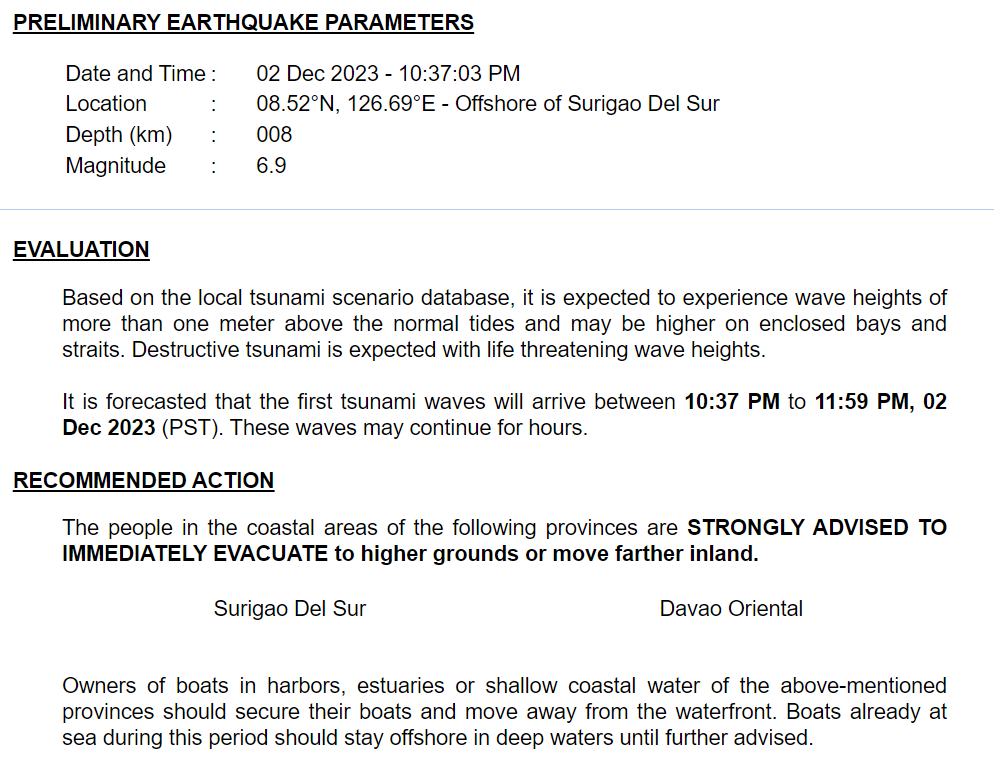 earthshakerph's tweet photo. TSUNAMI WARNING

RECOMMENDED ACTION:  The people in the coastal areas of the following provinces are STRONGLY ADVISED TO IMMEDIATELY EVACUATE to higher grounds or move farther inland.  

- Surigao Del Sur 
- Davao Oriental

via DOST-PHIVOLCS 

#tsunami #earthquake #linog #lindol https://t.co/2wEcMyw8SE