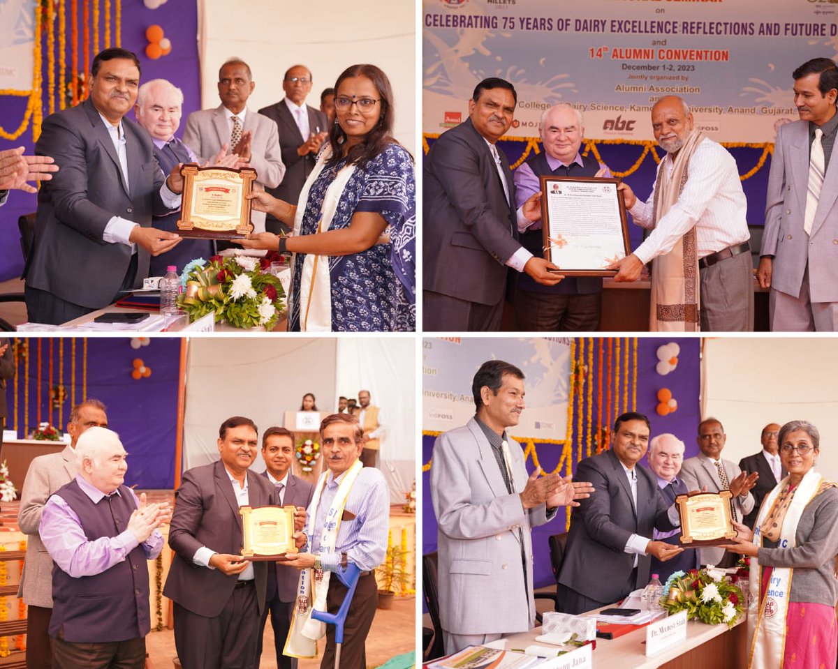 NDDB_Coop's tweet photo. Dr @ShahMeenesh, Chairman, NDDB as Chief Guest delivered an address during the inaugural ceremony of the 14th Alumni Convention at SMC Dairy Science college, @KamdhenuUni in the presence of Dr NH Kelawala, Vice Chancellor, Kamdhenu University; Dr RRB Singh, Vice Chancellor, Dau Sri Vasudev Chandrakar Kamdhenu University, Chhattisgarh; Dr Atanu Jana, Principal, SMC Dairy Science College; Dr AG Bhadania, President, Alumni Association and other distinguished guests and participants.

Addressing the alumni and students of SMC dairy science college, Chairman, NDDB highlighted the recent strides that NDDB and Indian dairy sector has undertaken towards making the dairy sector more efficient, effective as well as sustainable to ensure better livelihoods to farmers and quality milk & milk products to the consumers. He emphasized the role being played by NDDB with the network of dairy cooperatives towards improving productivity, disease control, end-to-end traceability, digitalisation etc. to make India  ‘Dairy to the World’. Dr Shah also briefed about the recent Multi-state Cooperative Societies formed for Organics, Seeds and export which are complementing each other to provide a better and efficient ecosystem to farmers to get better price of their produce. Dr Shah also enunciated the future roadmap and the efforts required to be undertaken to make our dairy sector more competitive across the world.

During the event, Dr Shah, an alumnus of SMC Dairy Science College also got felicitated for his outstanding contributions to the dairy sector.