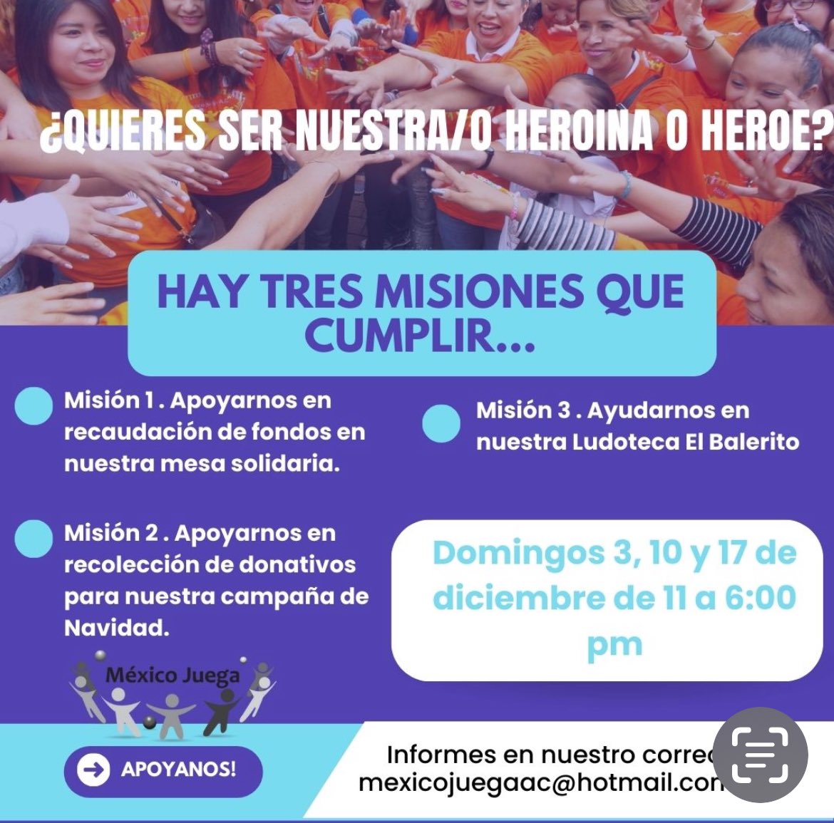 Ayúdanos! Te necesitamos ve el tiempo que puedas