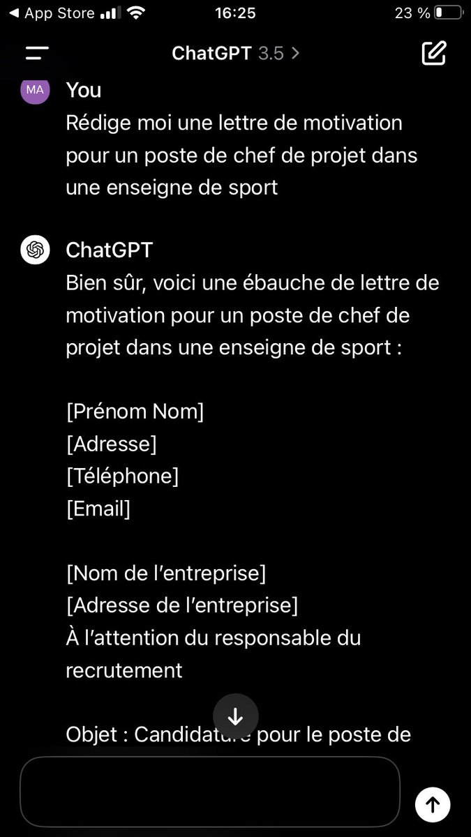 marcod2809's tweet photo. Is the cover letter outdated ? In my point of view it is a good mental exercise : take height to really express your ambitions and motivations. But how to custom it enough to garantee its authenticity without being out of the box?
#ChatGPT #openAi #AIdoitbetter #Recrutement #job https://t.co/SvyTC1s0qn