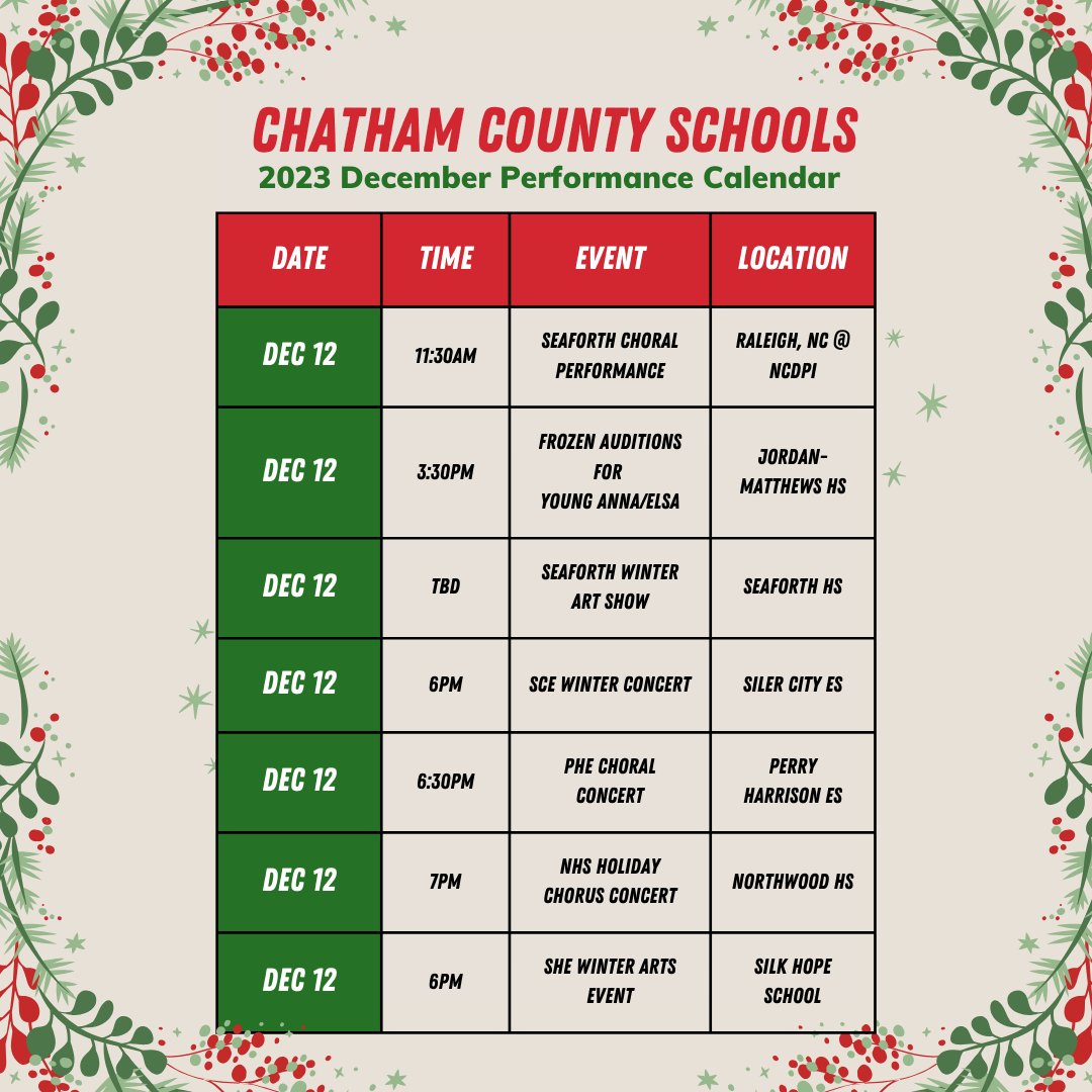 ChathamCoSch's tweet photo. Never fear.... your Chatham County holiday cheer is here! ☃️ Many of our talented performance groups are putting on holiday showcases across the county, and all are welcome to attend. #OneChatham https://t.co/Z5ji7OS5PR