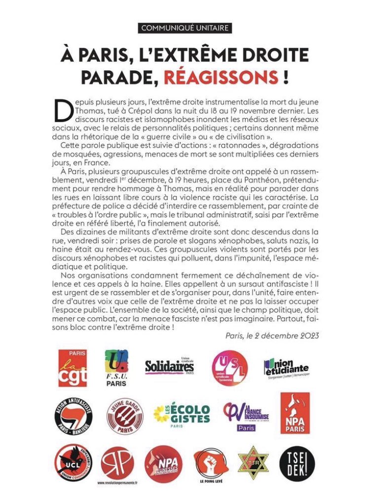 Contre la haine et la violence, faisons bloc contre l’extrême-droite.