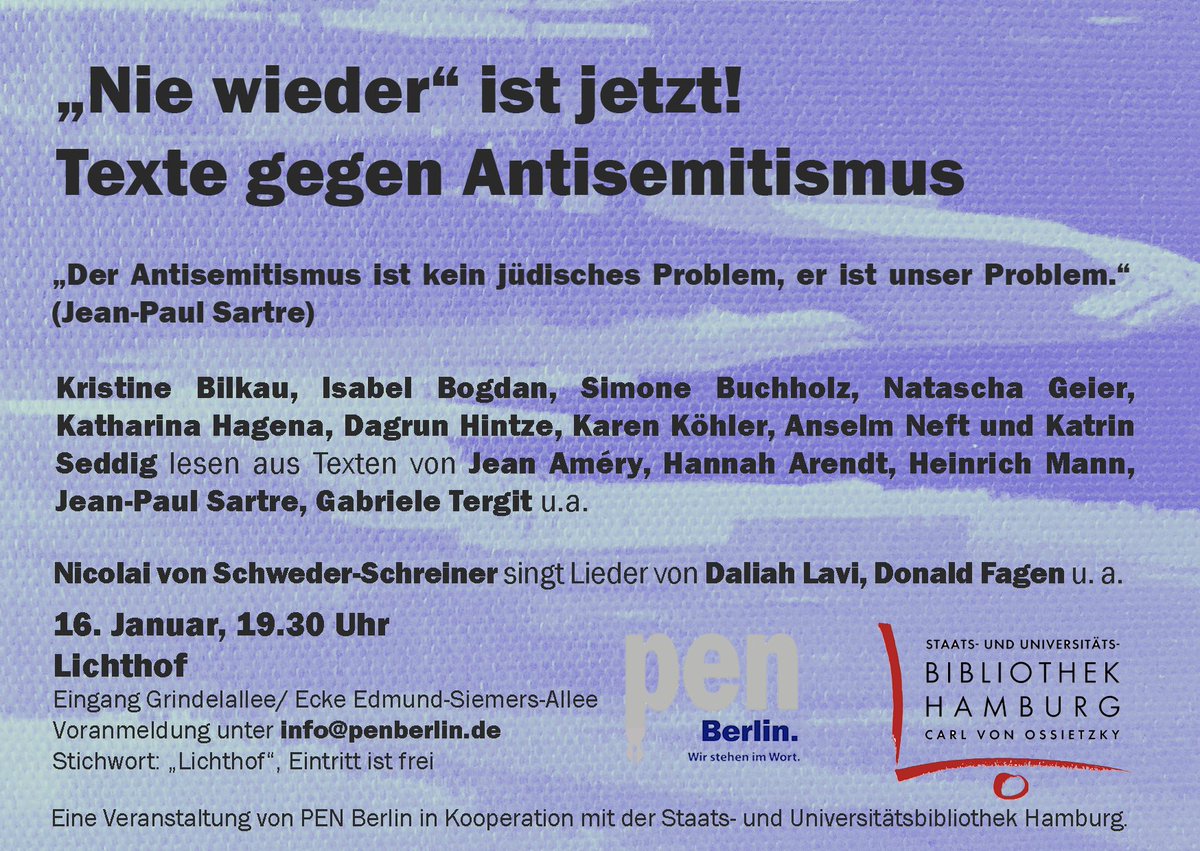 Am 16. Januar in Hamburg:

„Nie wieder“ ist jetzt! Texte gegen Antisemitismus

„Der Antisemitismus ist kein jüdisches Problem, er ist unser Problem.“ (Jean-Paul Sartre)