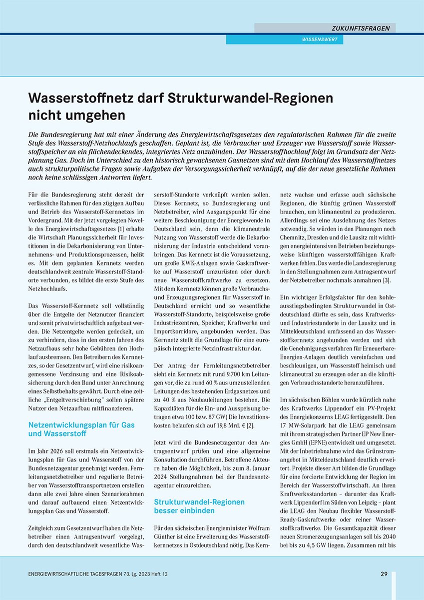 #Wasserstoffnetz darf Strukturwandelregionen nicht umgehen. Zweite Stufe des #Wasserstoffhochlaufs hat viele Implikationen. Hintergründe im neuen Heft der et (Energiewirtschaftliche Tagesfragen). s3-eu-west-1.amazonaws.com/editor.product…