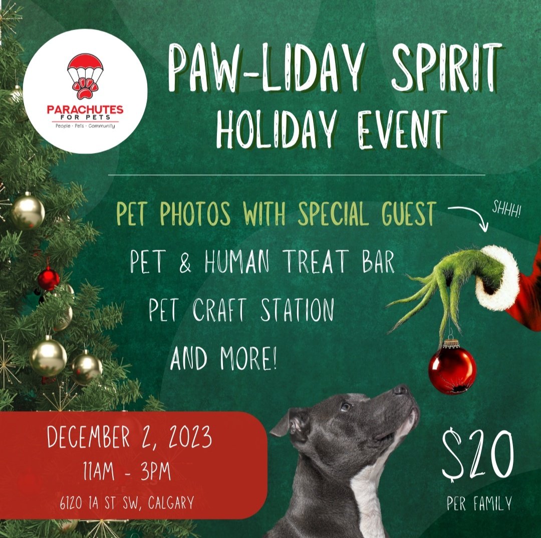 ParachutesP's tweet photo. Today is the day! Pop by our location 6120 1a St SW 11-3 and get your pet photos with our special guest! All proceeds to our Christmas Hamper Program. Pet crafts, and a treat bar as well!

#yyc #calgary #grinch #dogs #cats #Christmas2023 #whooville #community #charity #donate https://t.co/zdhWjvBqQE