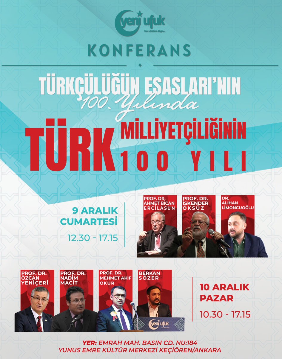 📣 KONFERANS 
" Türkçülüğün Esasları'nın 100. Yılında Türk Milliyetçiliğinin 100 Yılı" konulu konferansa ilgili herkes davetlidir.

🗓 9- 10 Aralık 
📍Keçiören Yunus Emre Kültür Merkezi/ ANKARA