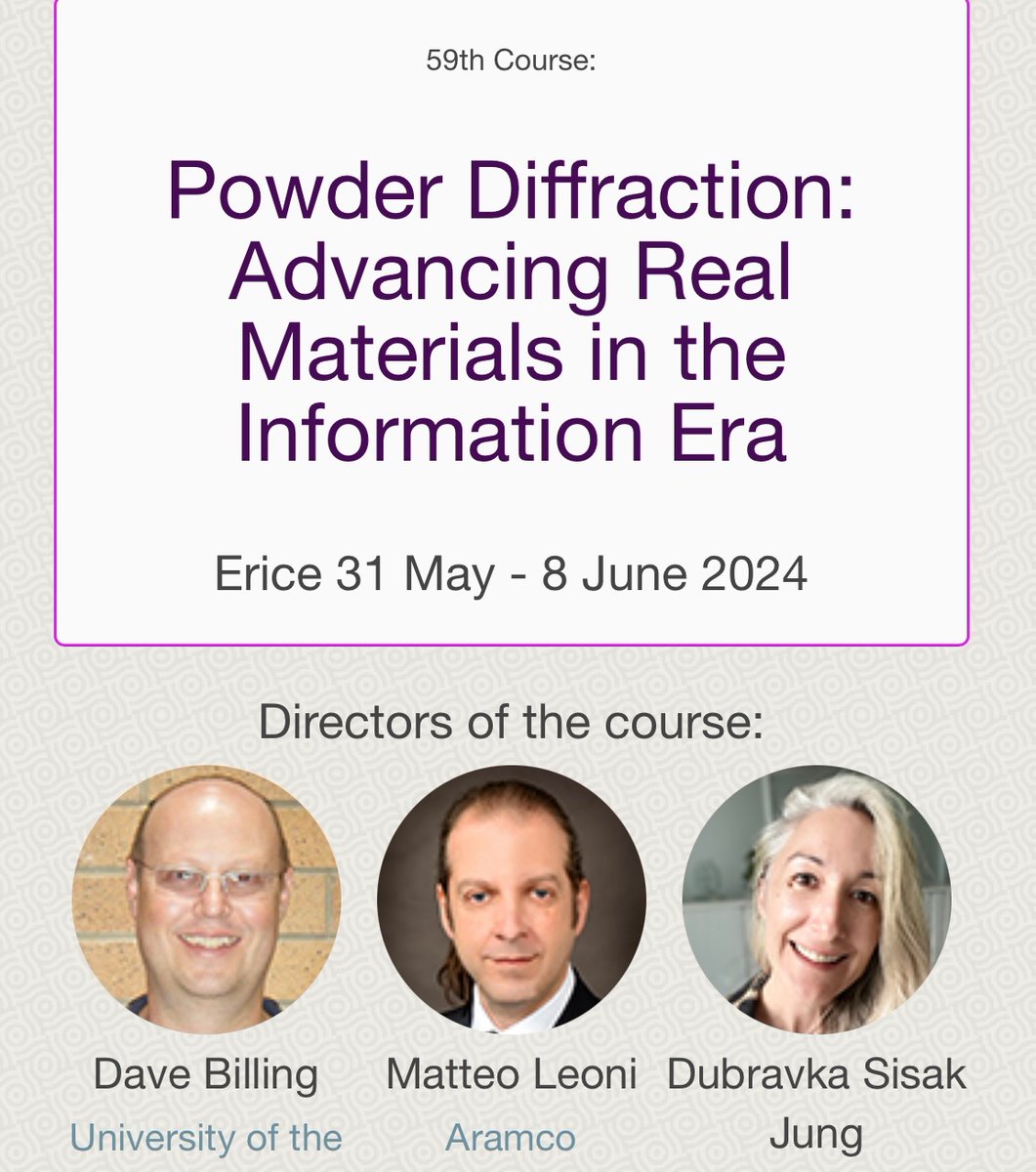 Swiss-crystallography (@swisscrystallog) on Twitter photo Applications for the Erice #crystallography school on powder #diffraction is extended to 7.12.2023!
To break the ice, meet school directors Dave, Matteo and Dubravka.
<a href="/CrystalErice/">CrystalErice</a>
crystalerice.org/2024/ Applications for the Erice #crystallography school on powder #diffraction is extended to 7.12.2023!
To break the ice, meet school directors Dave, Matteo and Dubravka.
<a href="/CrystalErice/">CrystalErice</a>
crystalerice.org/2024/