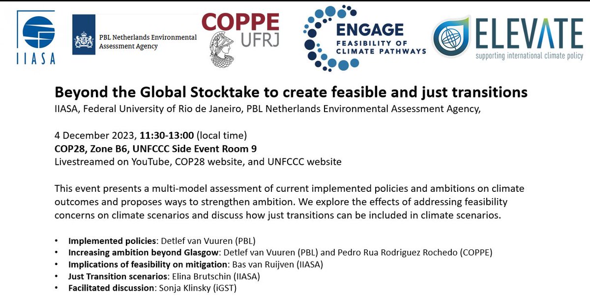 Join us on Monday 4 December 11.30 in Side Event Room 9 (Zone B6, Building 82) at COP28 or online for the the side event with @ElevateClimate and @CoppeUFRJ @climatestrat @IIASAVienna @nlenvironagency livestream at: youtube.com/playlist?list=…