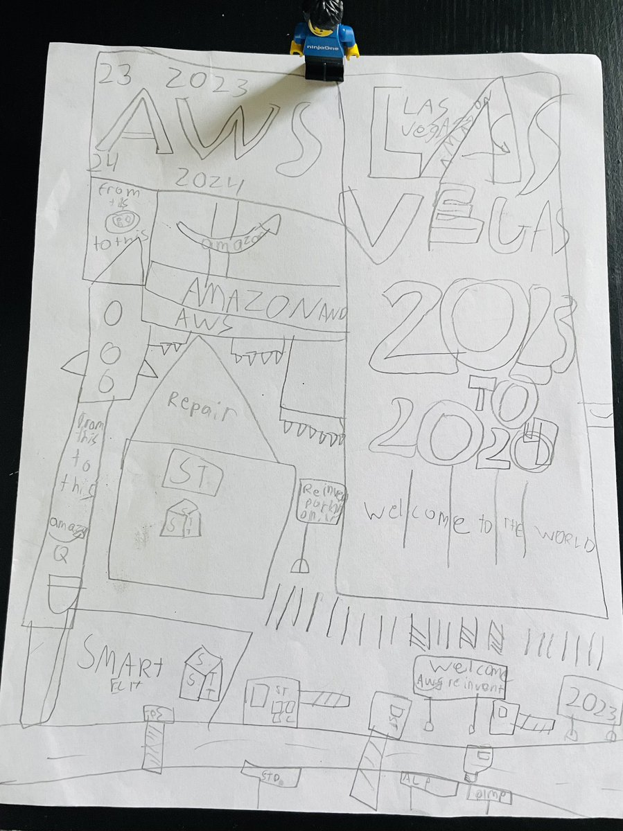 Seems like the whole family was consumed by #reinvent2023 fever. This is the 6 year old’s version including the the reference to #amazonq and a tribute to Project Kuiper! 😀