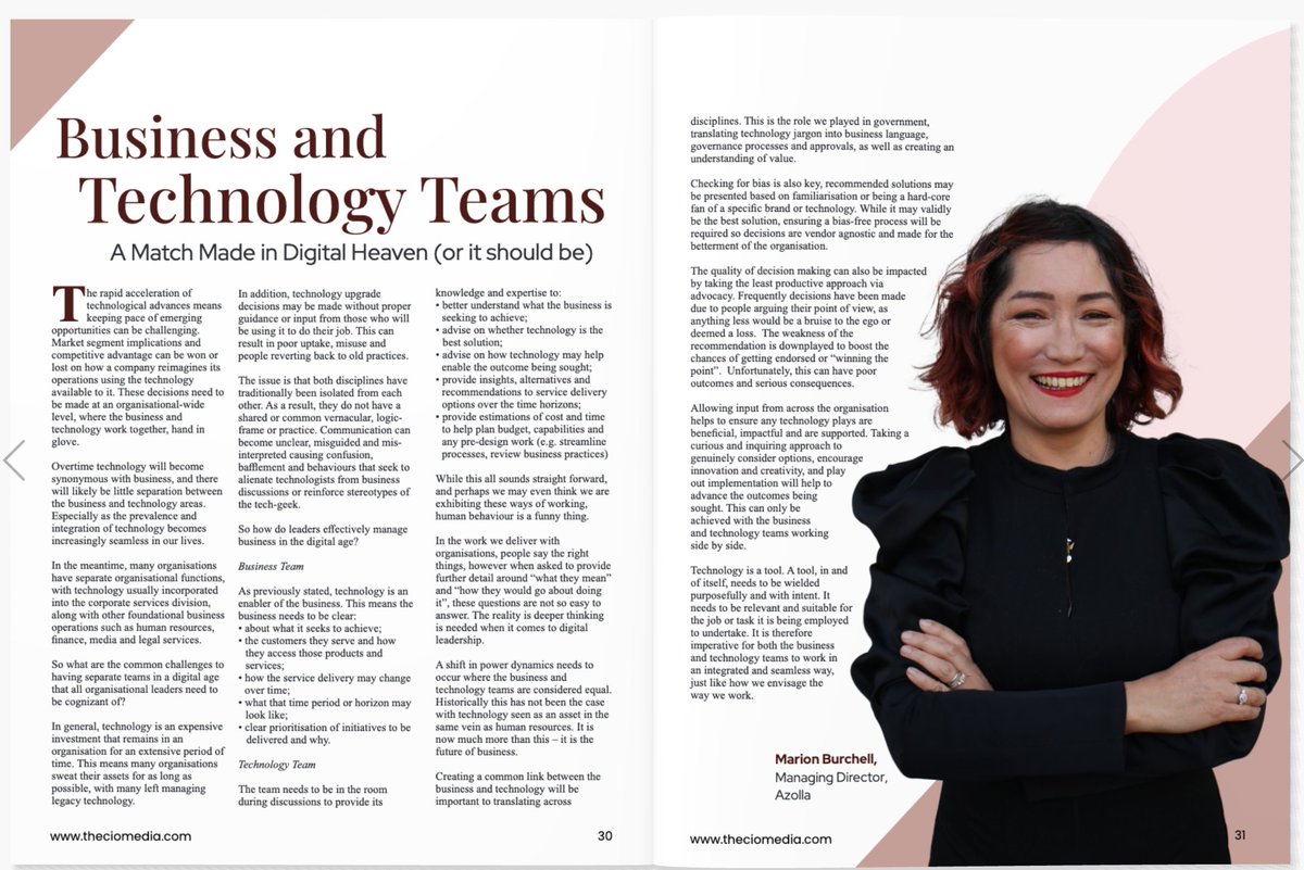 marion_burchell's tweet photo. Our latest #thoughtleadership in CIO Media Magazine on the need for better integration of business and technology teams

https://t.co/LYCNifZt0T

#digitaltransformation #leadershipandmanagement #leadership #digitalleadership #digitalleaders  #betteroutcomes  #technology https://t.co/jXR66oIlNC