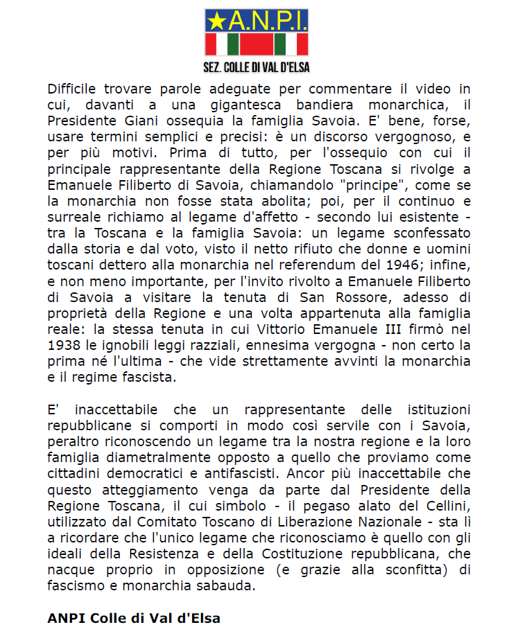 ANPIColle's tweet photo. Condividiamo  qui il nostro comunicato relativo al discorso del Presidente Giani  tenuto durante la cena di gala dell'associazione monarchica (!)  "Consulta dei Senatori del Regno". https://t.co/YXV0wBdBY8