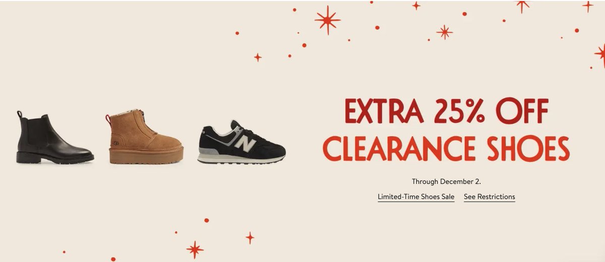 Nordstrom: Extra 25% Off select Clearance Shoes
No code needed
Ad> sovrn.co/cuz31al