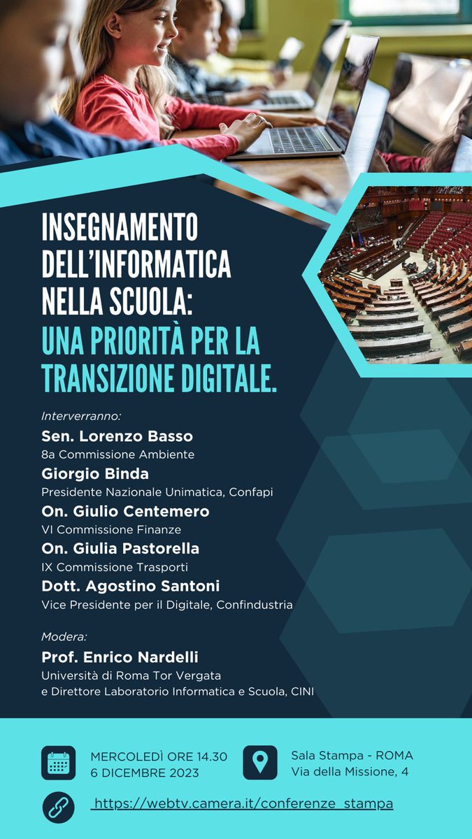 Enrico Nardelli (@enriconardelli) on Twitter photo Insegnamento dell'informatica nella scuola: una priorità per la transizione digitale. 6/dic Sala Stampa Camera. Con <a href="/lorenzobasso/">Lorenzo Basso</a>, <a href="/GiulioCentemero/">Giulio Centemero</a> e <a href="/PastorellaGiu/">Giulia Pastorella</a> di Intergruppo Innovazione, <a href="/SantoniAgo/">Agostino Santoni</a> di <a href="/Confindustria/">Confindustria</a> e Giorgio Binda di <a href="/Confapi/">Confapi</a>. webtv.camera.it/conferenze_sta… Insegnamento dell'informatica nella scuola: una priorità per la transizione digitale. 6/dic Sala Stampa Camera. Con <a href="/lorenzobasso/">Lorenzo Basso</a>, <a href="/GiulioCentemero/">Giulio Centemero</a> e <a href="/PastorellaGiu/">Giulia Pastorella</a> di Intergruppo Innovazione, <a href="/SantoniAgo/">Agostino Santoni</a> di <a href="/Confindustria/">Confindustria</a> e Giorgio Binda di <a href="/Confapi/">Confapi</a>. webtv.camera.it/conferenze_sta…