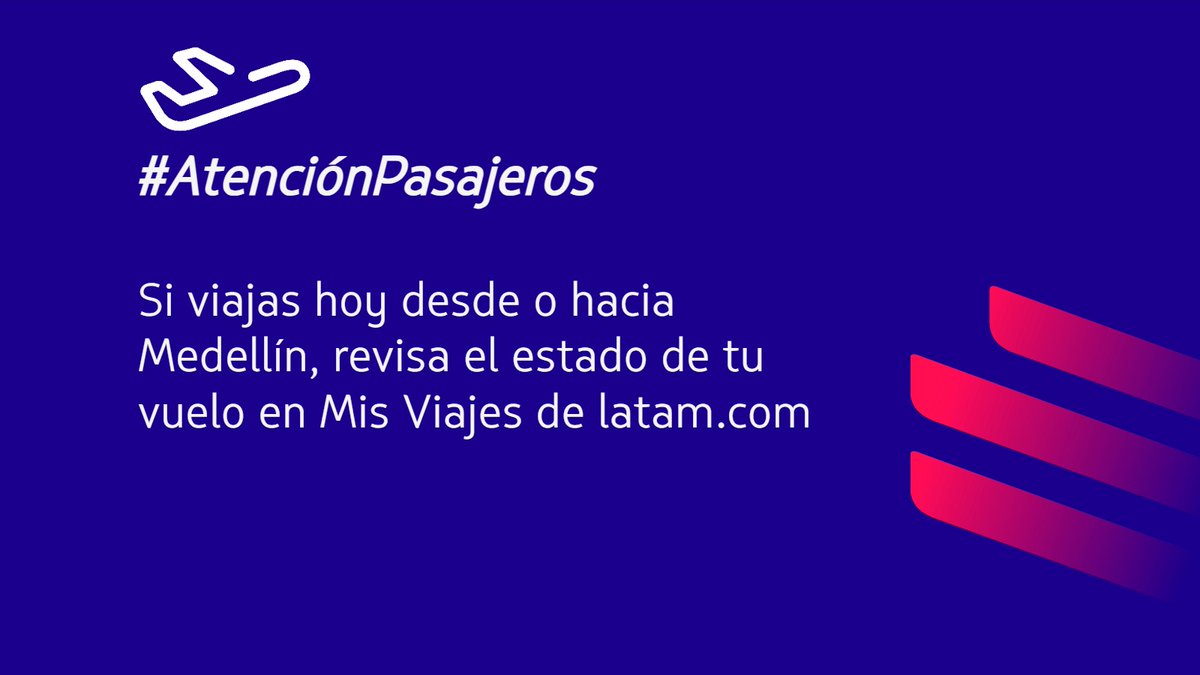 #AtenciónPasajeros: Dadas las condiciones climáticas en Medellín algunos de nuestros vuelos podrían verse afectados. Ingresa a latam.com para revisar el estado de tu vuelo y gestionar cualquier cambio necesario.