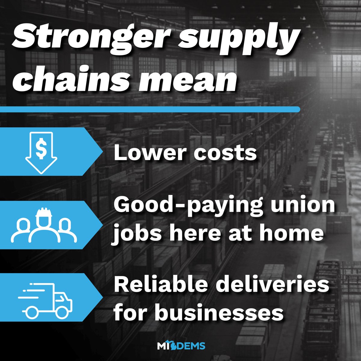 The pandemic exposed the vulnerability of our supply chains. Now, Joe Biden and the Democrats are diligently working to reinforce these systems, building a stronger foundation for our future.