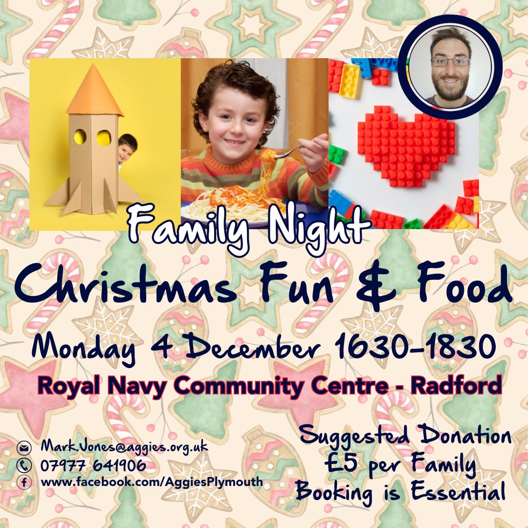 Plymouth Families - Don't miss out on Family Night on Monday 4th December
 
Have a night off from cooking dinner and occupying the kids - Let us handle it!! 

Don't forget to book your place!!
Booking is at aggies.org.uk/family-night
GiveTap: is gtap.uk/63/acwpl-famil…