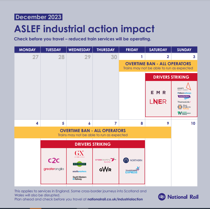 Due to industrial action by the ASLEF union, there will be reduced services across the rail network between 1st December and 9th December. Check for updates before you travel at nationalrail.co.uk/industrialacti…