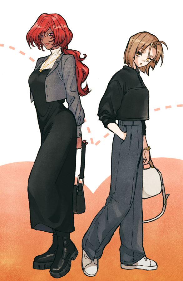 2girls multiple girls dress red hair dark skin pants brown hair  illustration images