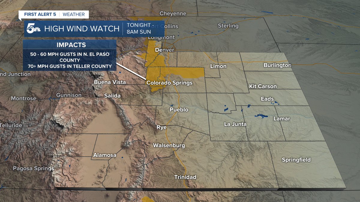 *High Wind Watch* in effect tonight - 8AM Sunday for northern El Paso County and Teller County. #WoodlandPark: you could see wind gusts above 70 mph. Secure loose holiday decorations! #SouthernColorado
#COwx