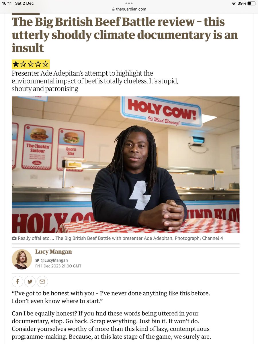 harrym_vids's tweet image. So it wasn’t just me who thought last night’s @Channel4 program on beef production was a nonsense. Well done to @guardian and their TV reviewer @LucyMangan for not holding back. 
I just hope TV commissioners now think twice before going ahead with light-weight, poorly researched…