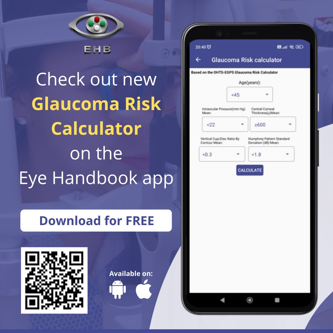 #Glaucoma Risk Calculator | #free Eye Handbook App
Check ALT (image description) for more info.

#eyes #eyecalculators #clinicalcalculators #ophthalmology #optometry #ophthalmologists #optometrists #glaucoma #visiontesting #ophthalmologyresidents #optometryresidents #eyedoctor