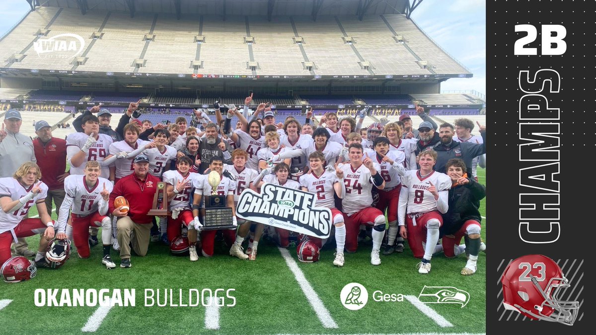 wiaawa's tweet photo. Congratulations to the 2023 WIAA/@GesaCu 2B Football State Champions, the Okanogan Bulldogs 🏆

Presented by the @Seahawks

#wastatefb #wafbscores https://t.co/sOtP2BkEGT