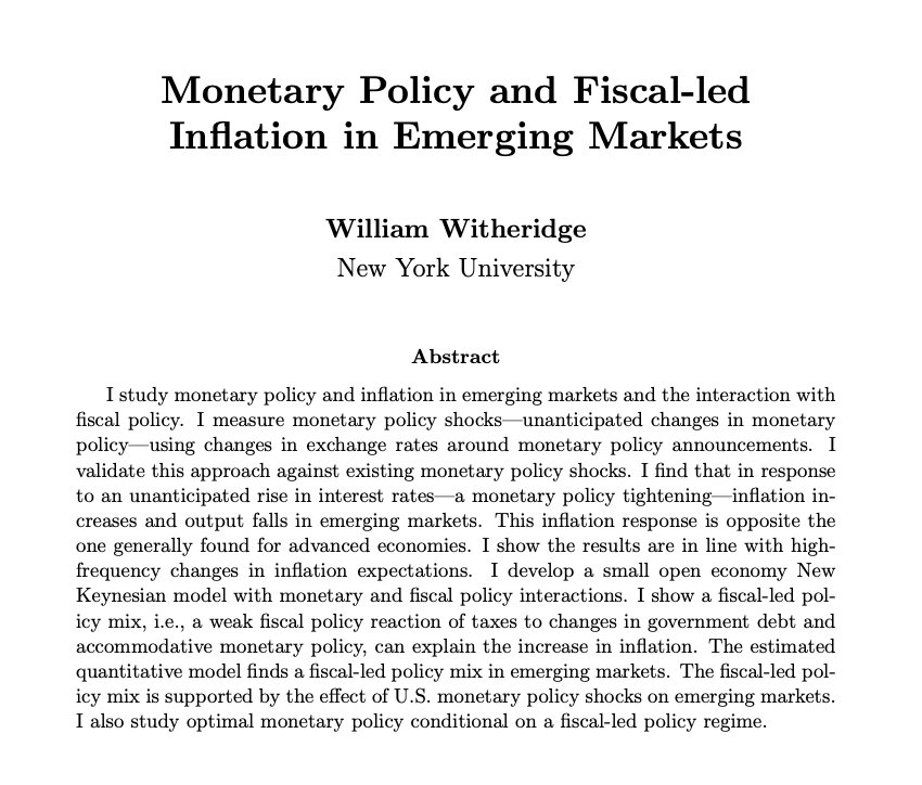 How does monetary policy affect inflation in emerging economies?

In my JMP, I find an increase in interest rates:

→ inflation increases in emerging markets, opposite to advanced economies

Why? The interaction with fiscal policy

#EconTwitter #Econjobmarket