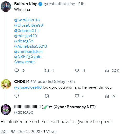 Go report <a href="/realbullrunking/">King of Bull Run</a>'s account. He is a scammer, fraudster. I'll explain why. For some time we have been investigating this account which has several giveaways. We have contacted several winners of these giveaway and many never received their prizes.🧵👇