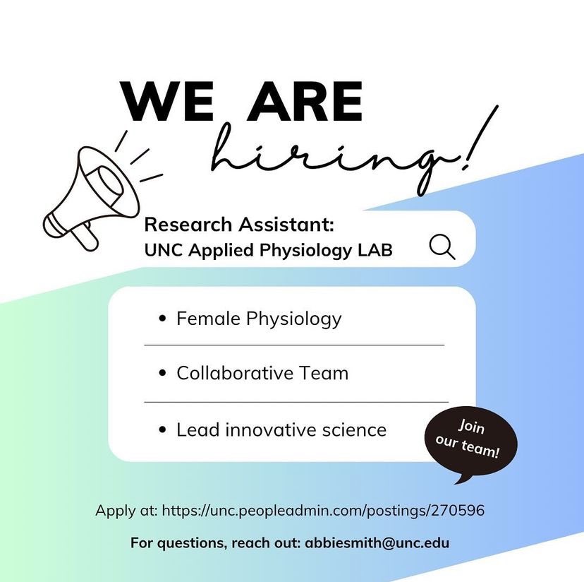 Sam Moore (@sammoorestrong) on Twitter photo COME JOIN OUR LAB TEAM!!!
We are looking for a dynamic and innovative CLINICAL RESEARCH ASSISTANT to help lead research evaluating impact of nutrition and exercise for women across the lifespan <a href="/asmithryan/">Abbie Smith-Ryan PhD</a>
unc.peopleadmin.com/postings/270700 COME JOIN OUR LAB TEAM!!!
We are looking for a dynamic and innovative CLINICAL RESEARCH ASSISTANT to help lead research evaluating impact of nutrition and exercise for women across the lifespan <a href="/asmithryan/">Abbie Smith-Ryan PhD</a>
unc.peopleadmin.com/postings/270700