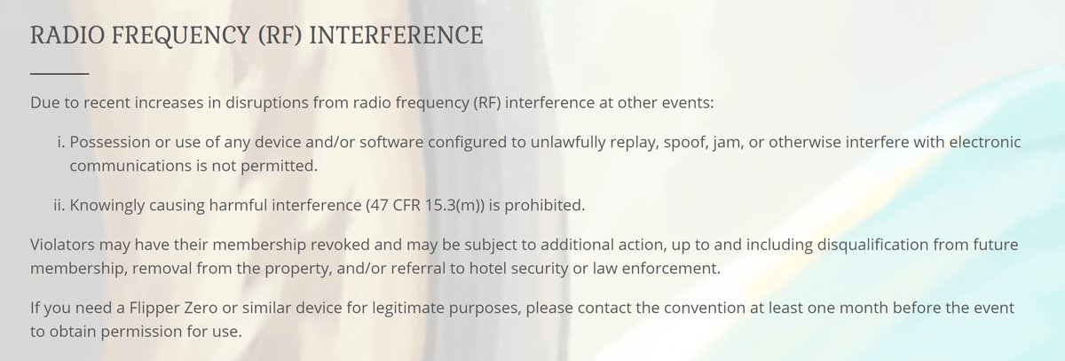 anthronw's tweet photo. We are seeing a big increase in the use of radio jamming equipment at conventions. Please leave those items at home when attending a convention. We have updated our terms of service to address the issue.

Keep in mind, there are a lot of people who have assistive or medical devices that rely on Bluetooth or other wireless technologies. Most people would never intend to do so, but you can physically hurt someone when you jam or brick their medical or assistive device.