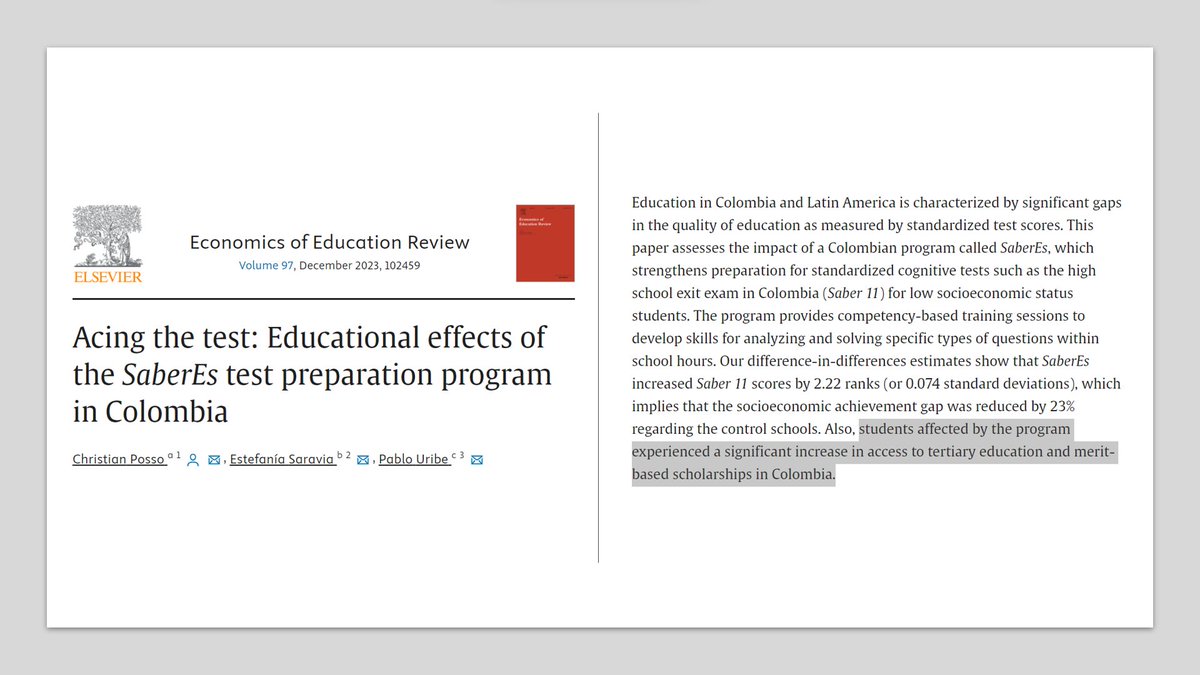 David Evans (@daveevansphd) on Twitter photo Teaching to the test helped more low-income kids access post-secondary education and merit scholarships in Colombia.
Published sciencedirect.com/science/articl…
Open-access repositorio.banrep.gov.co/bitstream/hand…
by <a href="/cpossosu/">Christian M. Posso</a>, @EstefaSaravia, and <a href="/PabloUribeBo/">Pablo Uribe Botero</a> Teaching to the test helped more low-income kids access post-secondary education and merit scholarships in Colombia.
Published sciencedirect.com/science/articl…
Open-access repositorio.banrep.gov.co/bitstream/hand…
by <a href="/cpossosu/">Christian M. Posso</a>, @EstefaSaravia, and <a href="/PabloUribeBo/">Pablo Uribe Botero</a>