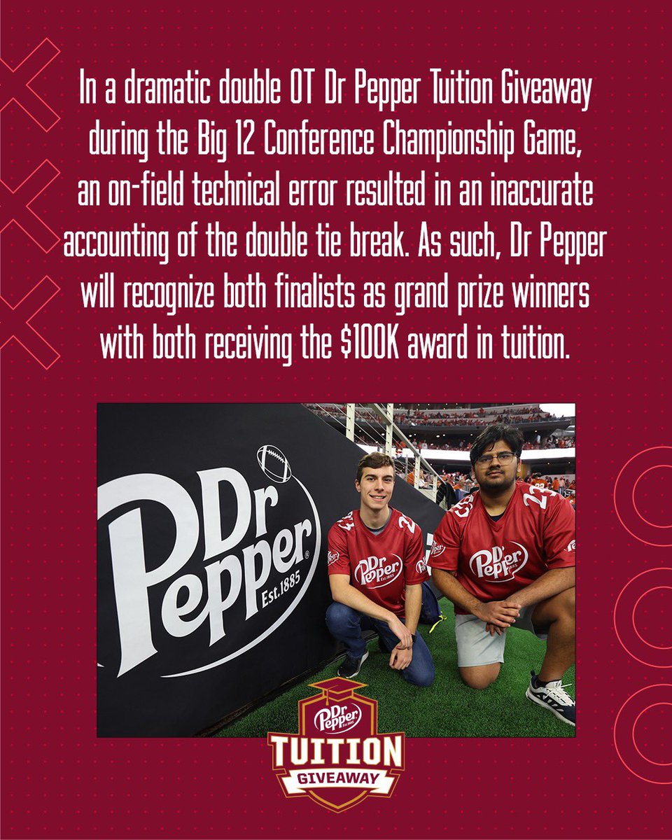drpepper's tweet photo. An update on today’s Big 12 Dr Pepper Tuition Giveaway https://t.co/oSF68w2FZK