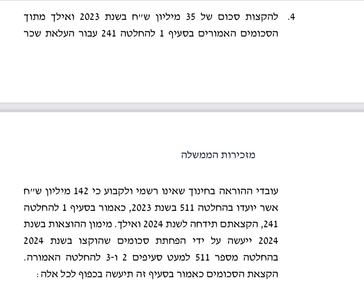 KerenMarc's tweet image. נתניהו טען הערב שהוחלט רק על 30 מיליון ש׳ לאופק חדש בחינוך החרדי.
כדאי לדייק: לפי החלטת הממשלה יינתנו 35 מ׳ השנה ועוד 142 מ׳ בשנה הבאה על חשבון השנה הזאת. סה״כ: 177 מ׳
ההוצאה הצפויה ב- 2024 עומדת על 700 מ׳. 
זה הסעיף מהחלטת הממשלה&amp;gt;