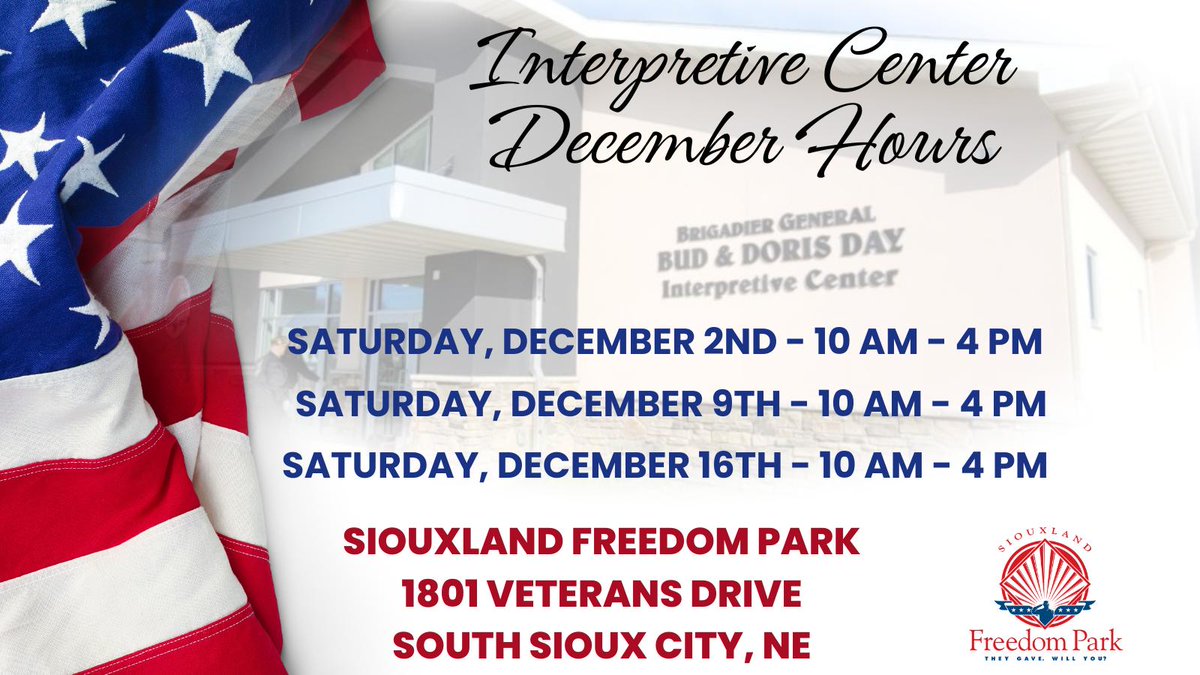The BRIG GEN Bud &amp; Doris Day Interpretive Center is open the next 3 Saturdays! 
.
.
#siouxlandfreedompark #siouxland #Interpretivecenter #budday #siouxcity #southsiouxcity #veteranspark #veterans