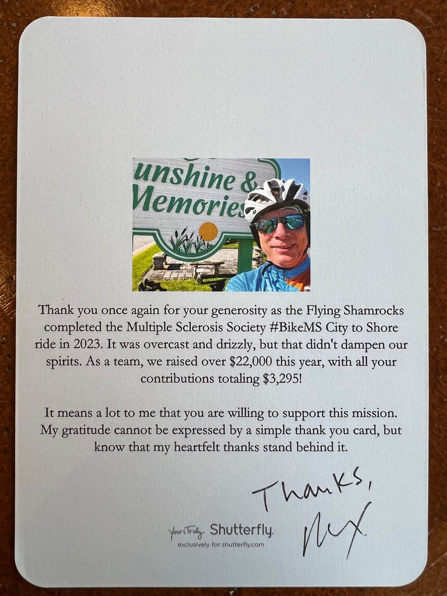 A heartfelt thanks again to those that donated to my #BikeMS #citytoshore fundraiser. I didn't have everyone's address so if you don't get a thank you card in the mail, here it is virtually 😀.