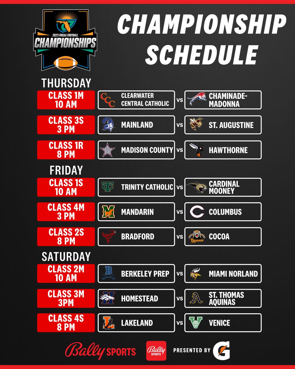 FanDuelSN_FL's tweet photo. The @FHSAA football championship matchups are set!

Let's run through the schedule of games 🧵 https://t.co/ZfcjER6kht