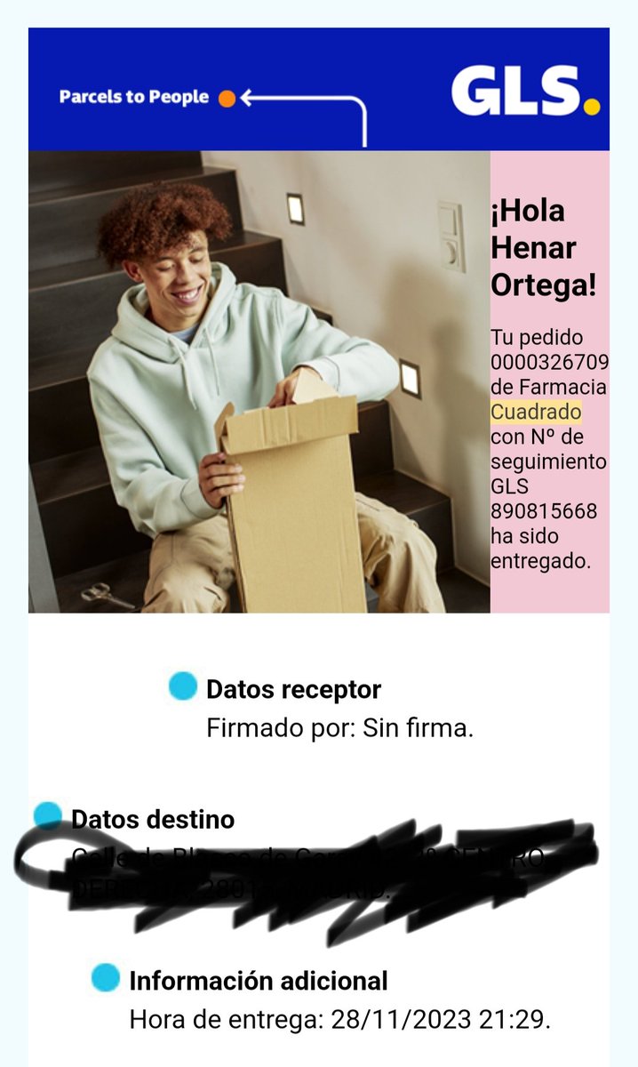 Hola <a href="/GLS_Spain/">GLS Spain</a> En este mail me decís que me habéis entregado mi envío n° 890815668 de <a href="/farmacuadrado/">farmacia cuadrado</a> pero no es así. Quería preguntaros dónde está mi envío y cuándo va a llegar, por favor. Quedo a la espera. Gracias
