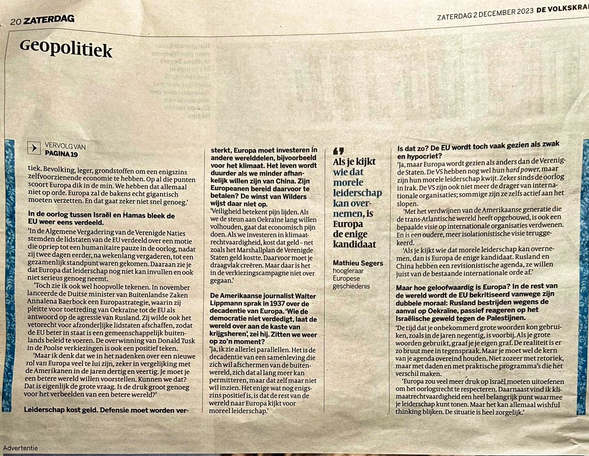 “Een betere wereld is mogelijk als #Europa het wil.” Mooi in @volkskrant: Peter Giesen in gesprek met @MathieuLLSegers. “Veiligheid betekent pijn lijden….Daarvoor moet je draagvlak creëren. Maar daar is het in de verkiezingscampagne niet over gegaan.” (pic @ivovanderbent) 🇪🇺: