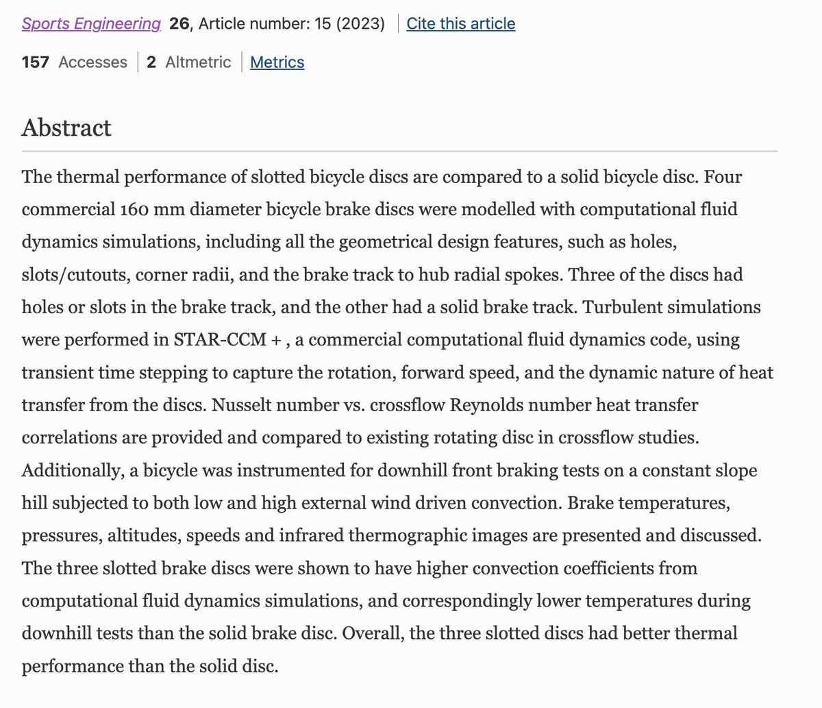 Check this article "Solid and slotted bicycle brake disc thermal performance"buff.ly/3H7A4Ot #cycling #cyclingscience #cyclingengineering #sportsengineering #sportstech #sportstechnolgy