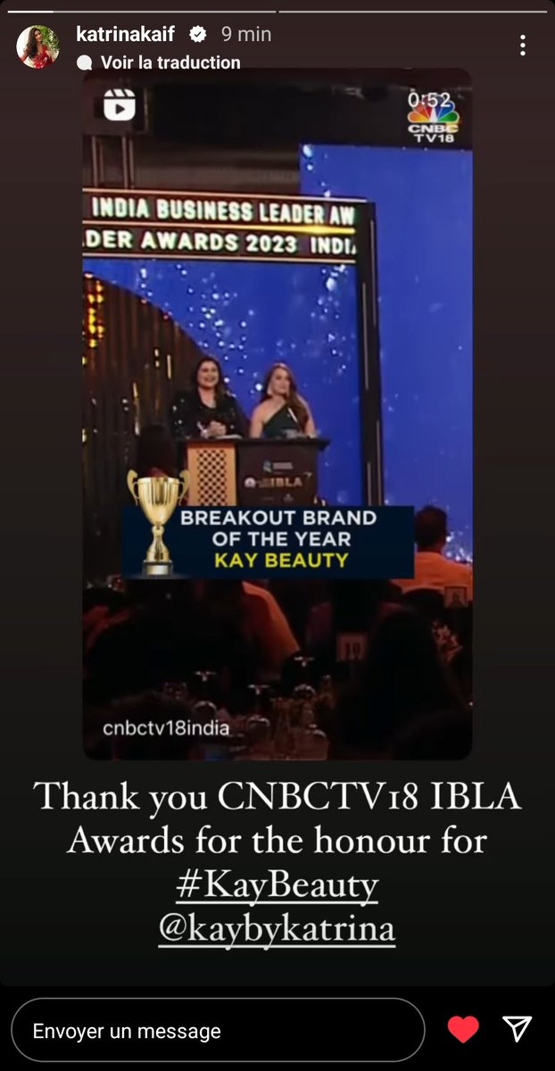 kat16kaif's tweet image. Kat and kaybeauty on Insta story 
Breakout brand of the year 
👏🏼
#IBLA2023 #IBLA
#Katrinakaif 
#kaybykatrina #kaybeauty #itskaytobeyou