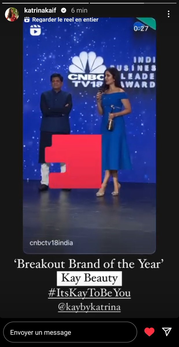 kat16kaif's tweet image. Kat and kaybeauty on Insta story 
Breakout brand of the year 
👏🏼
#IBLA2023 #IBLA
#Katrinakaif 
#kaybykatrina #kaybeauty #itskaytobeyou