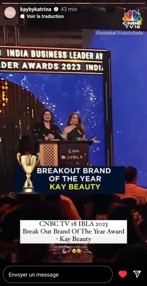 kat16kaif's tweet image. Kat and kaybeauty on Insta story 
Breakout brand of the year 
👏🏼
#IBLA2023 #IBLA
#Katrinakaif 
#kaybykatrina #kaybeauty #itskaytobeyou