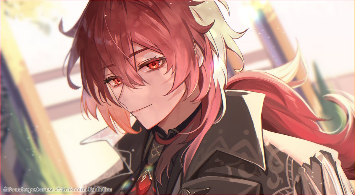 diluc (genshin impact) 1boy red hair male focus red eyes long hair solo bangs  illustration images