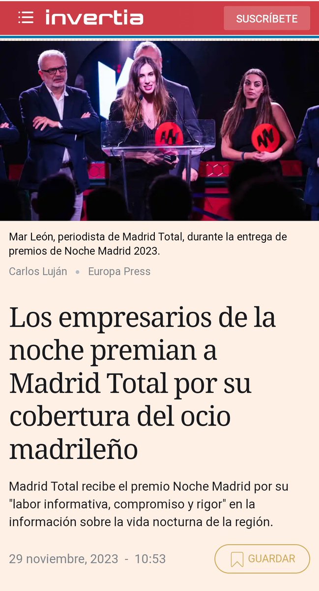 Esta semana, <a href="/madridtotal_ee/">Madrid Total</a> de <a href="/elespanolcom/">EL ESPAÑOL</a> fue premiado por <a href="/AsocNocheMadrid/">Noche Madrid</a> por su cobertura del oci la capital.

Un equipazo que se lo ha ganado, <a href="/carmenserna/">Carmen Serna</a> <a href="/miguelfiter/">Miguel Fiter</a> <a href="/jaimesusanna/">Jaime Susanna</a> <a href="/ipnova/">I. P. Nova</a> Jesús Soler, y yo he tenido el honor de subir a recogerlo. Gracias, Madrid.