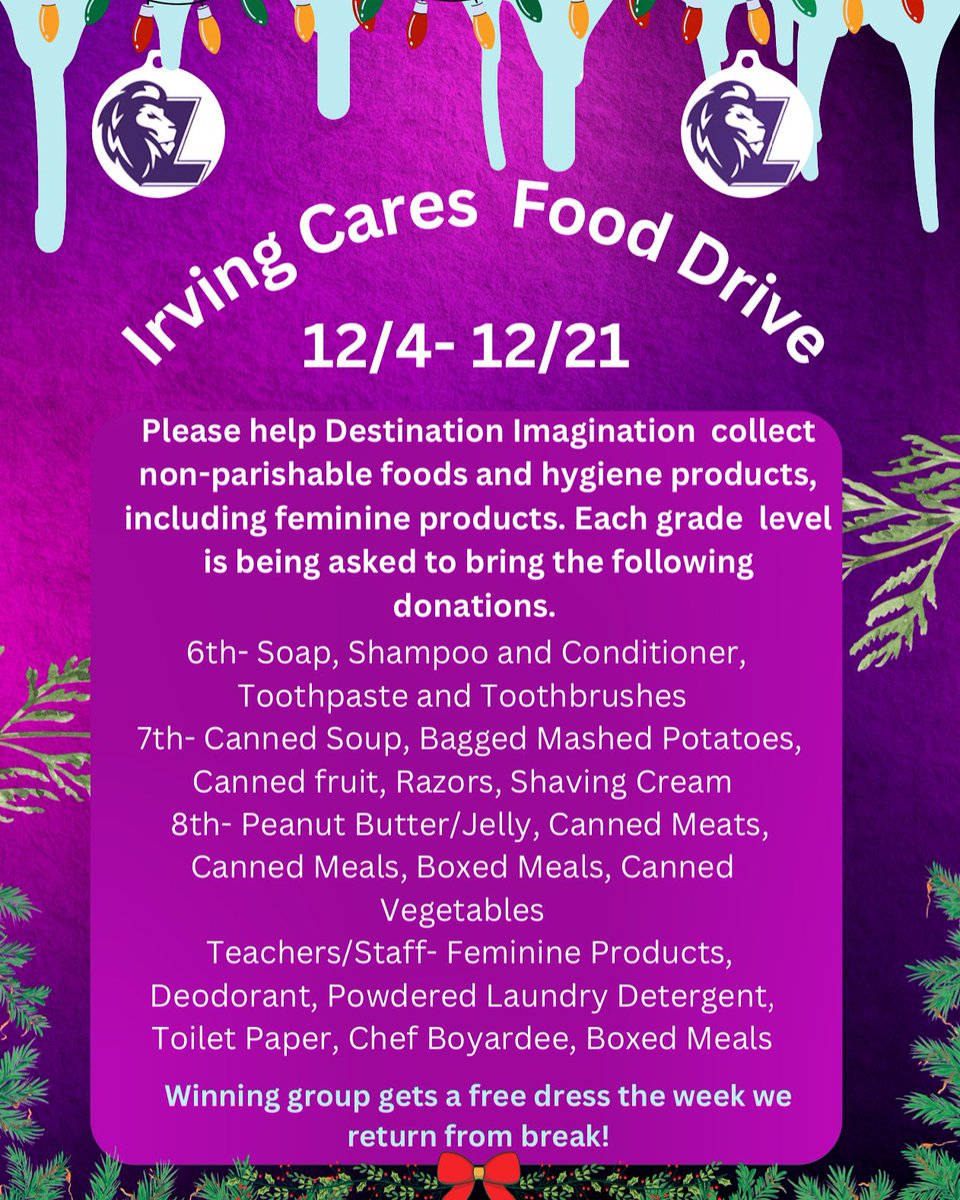 My Destination Imagination team is collecting these items to donate to @IrvingCares, let me know if you’d like to make a donation to support the team in their service project & to support local families in need! They assigned items to fulfill all of the needs of Irving Families!