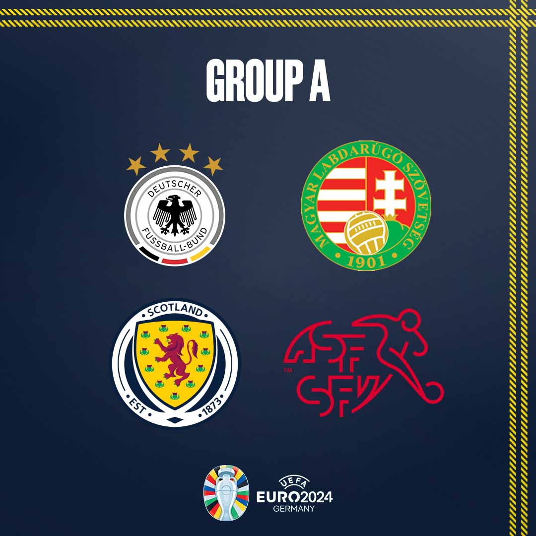 We've been drawn in Group A for @EURO2024. 🇩🇪 Germany 🇭🇺 Hungary 🏴󠁧󠁢󠁳󠁣󠁴󠁿 Scotland 🇨🇭 Switzerland