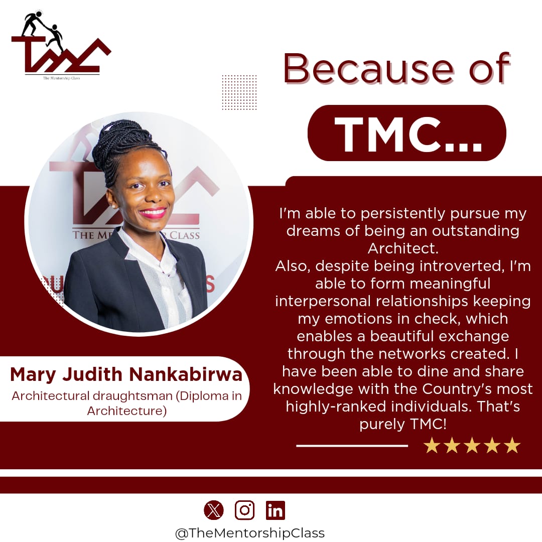 Mary Judith Nankabirwa is an architectural draughtsman, a dream she has pursued persistently.🫡

She shares how because of TMC she is able to form meaningful interpersonal relationships in spite of the fact that she's introverted. 😊

#TheMentorshipClass
#TestimonyTime