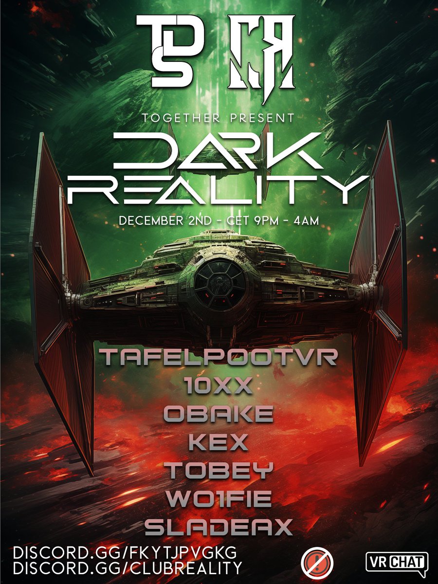 CopperOnVRC's tweet photo. PREPARE FOR TONIGHT!
> > > 9 PM CET < < <

The DarkSide combines with @ClubRealityVRC for an intergalactic Party!

Join us for Cosmic Beats, Extraterrestrial Dance Moves and COOKIES!

Dark Reality presents:
@TafelpootVR
@10xxmusic
@ObakeTV
@Kex_VR
@LPTobey
@djWo1fie
@SladeAx https://t.co/mSJvPC4ffC