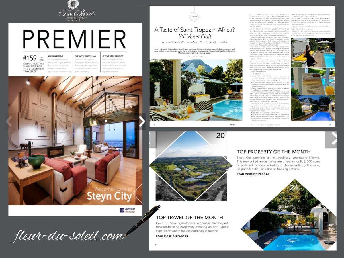 Premier Magazine - Dec'23

freemagazines.co.za/premier-decemb…

#FreeMagazines #tcbmedia #sunshinedestination #franschhoek #franschhoekvalley #fleurdusoleilguesthouse #SouthafricaHoliday #southafrica #africastays #LuxuryHotelExperience #luxuryhotels #luxuryhotelsworld #capetowntourism