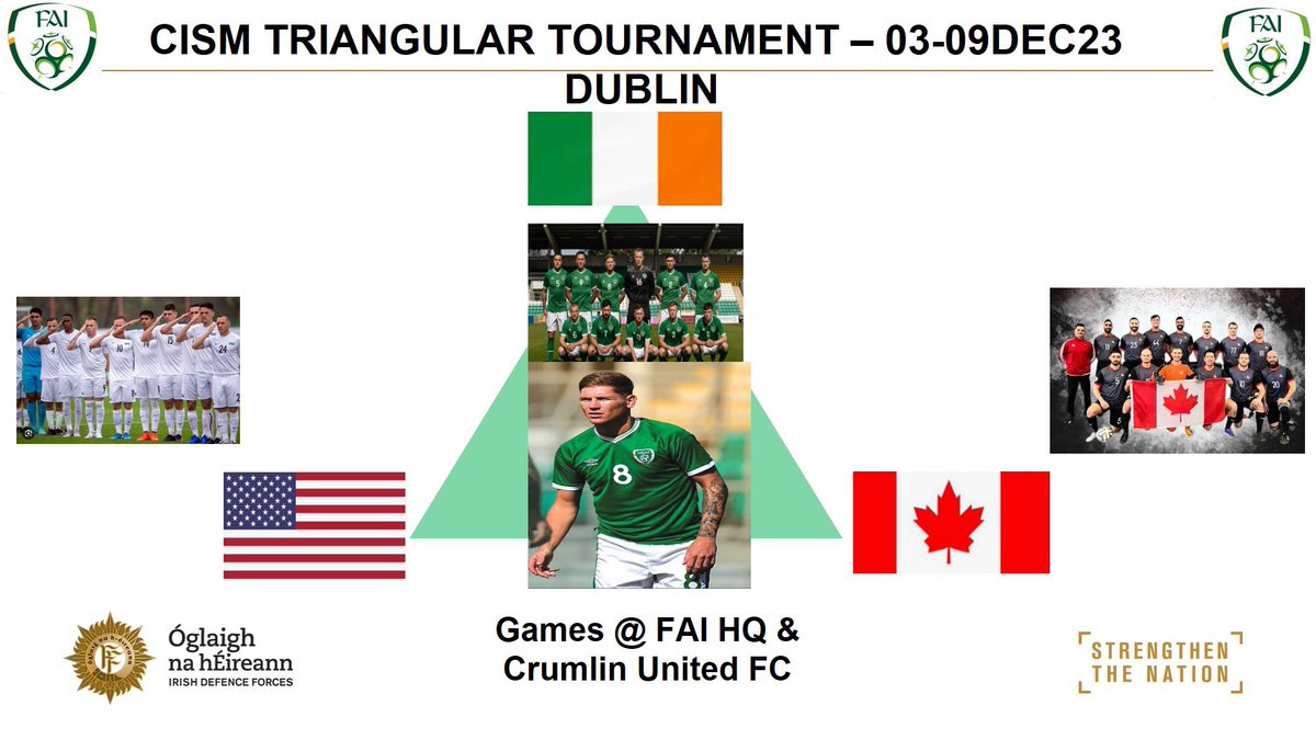 Next week the CISM Triangular Tournament begins in Dublin. First match up is Ireland v Canada at Crumlin United Monday 2000. The U.S will play Canada on Wednesday with the tournament concluding on Friday with Ireland and the U.S. All support welcome 🇮🇪🇺🇸🇨🇦 #BeMore #WhyStopNow